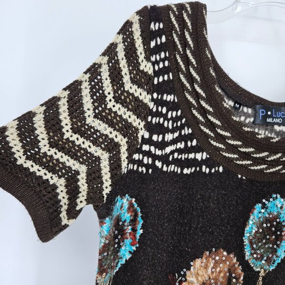 P. Luca Milano Midi Knit Dress Medium Brown Floral Sequin Bling Short Sleeve - Picture 6 of 11